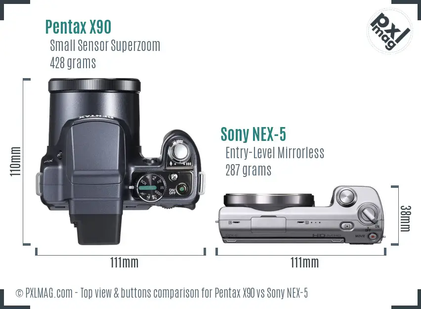 Pentax X90 vs Sony NEX-5 top view buttons comparison