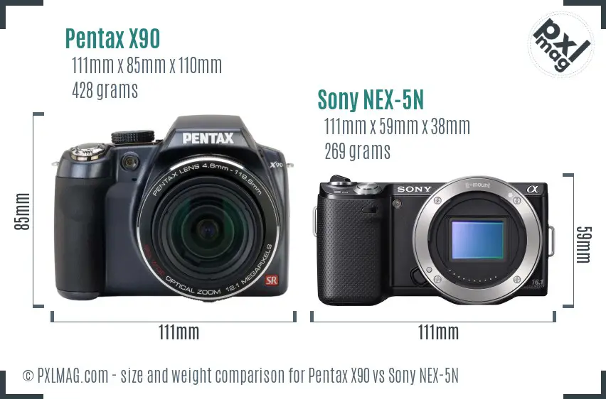 Pentax X90 vs Sony NEX-5N size comparison