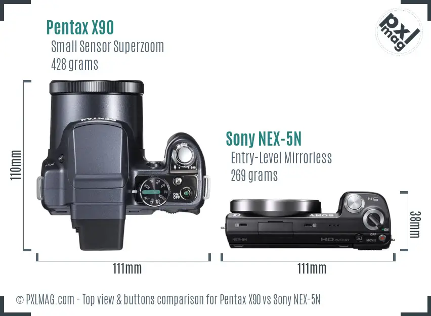 Pentax X90 vs Sony NEX-5N top view buttons comparison