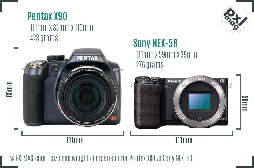 Pentax X90 vs Sony NEX-5R size comparison