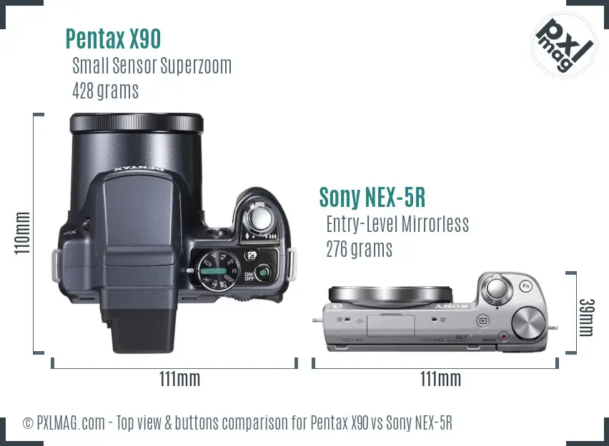 Pentax X90 vs Sony NEX-5R top view buttons comparison