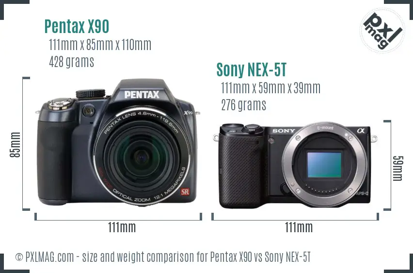 Pentax X90 vs Sony NEX-5T size comparison