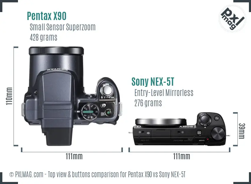 Pentax X90 vs Sony NEX-5T top view buttons comparison