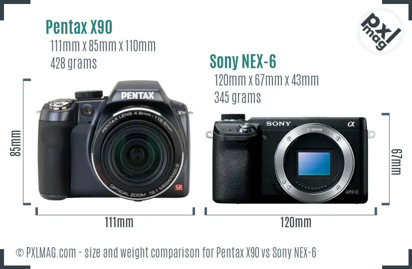 Pentax X90 vs Sony NEX-6 size comparison