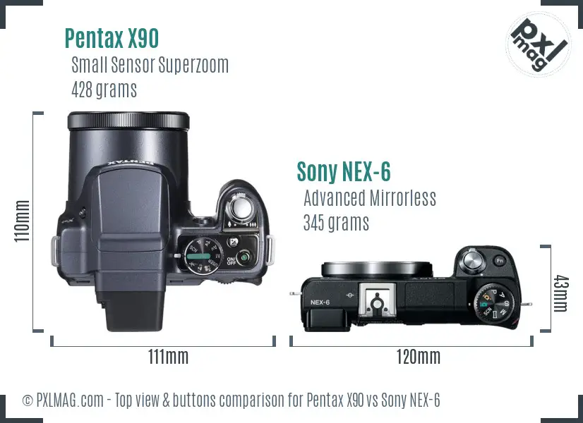 Pentax X90 vs Sony NEX-6 top view buttons comparison