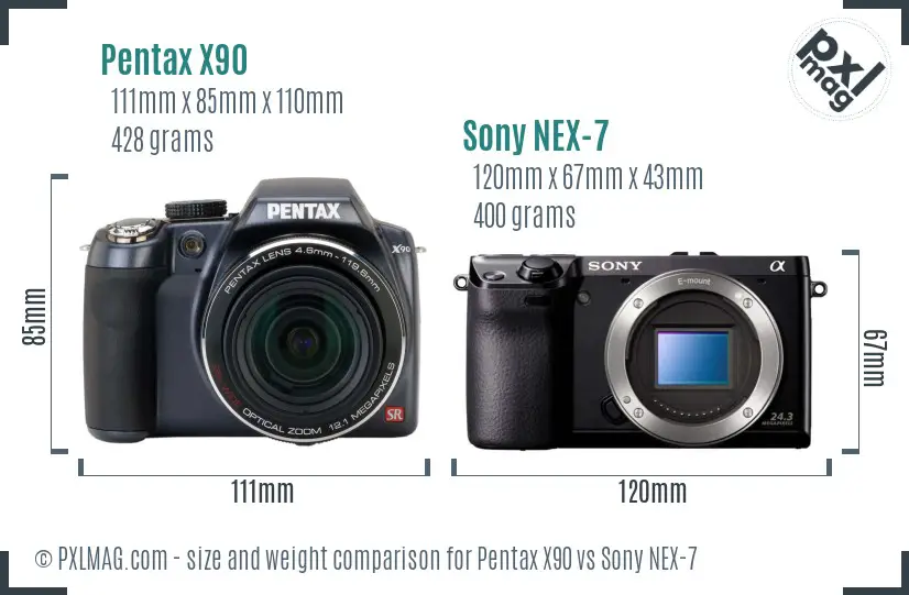 Pentax X90 vs Sony NEX-7 size comparison
