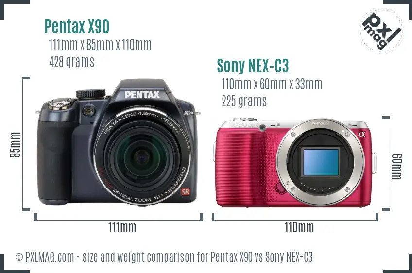 Pentax X90 vs Sony NEX-C3 size comparison