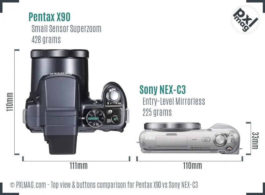 Pentax X90 vs Sony NEX-C3 top view buttons comparison
