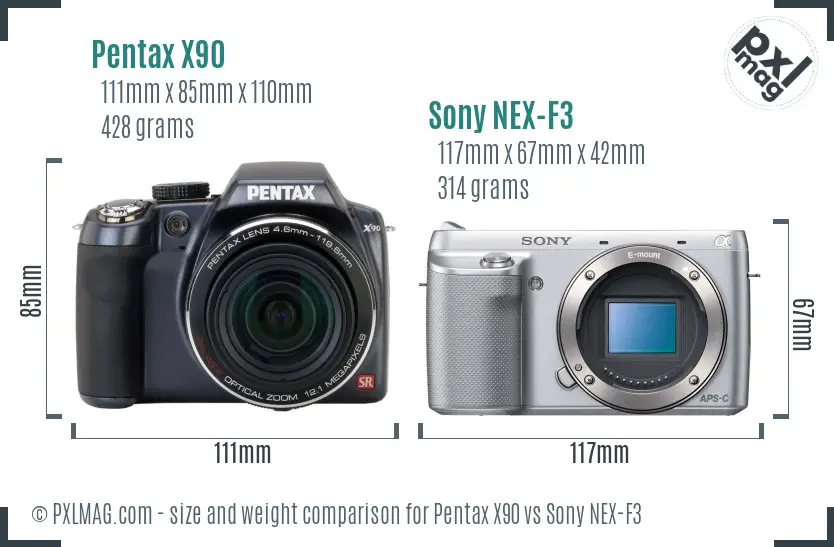 Pentax X90 vs Sony NEX-F3 size comparison