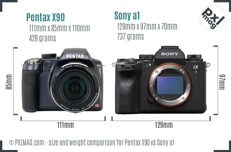 Pentax X90 vs Sony a1 size comparison