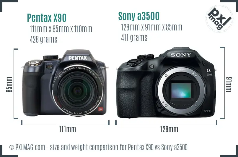 Pentax X90 vs Sony a3500 size comparison