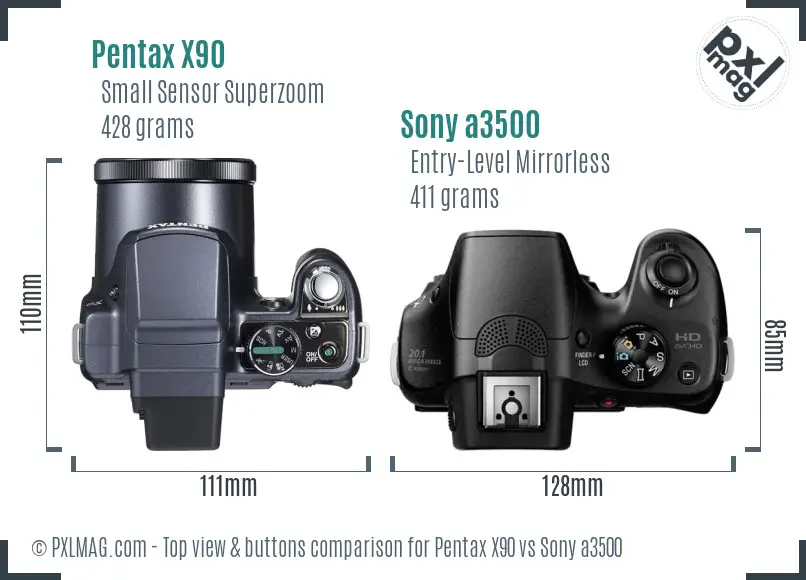 Pentax X90 vs Sony a3500 top view buttons comparison