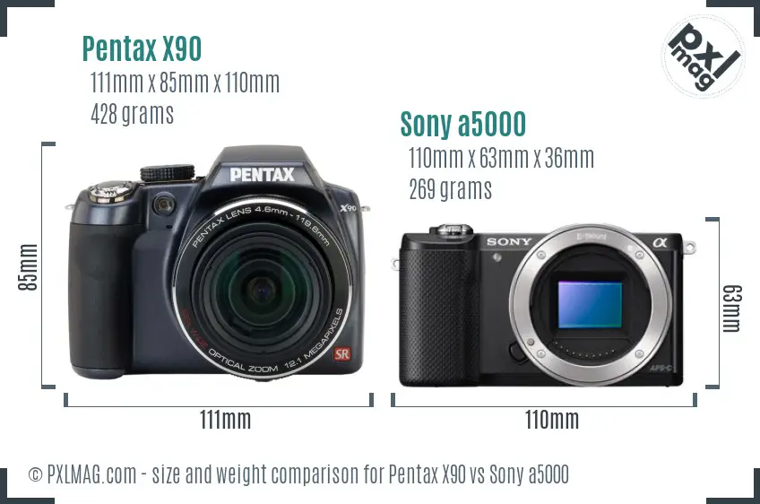 Pentax X90 vs Sony a5000 size comparison