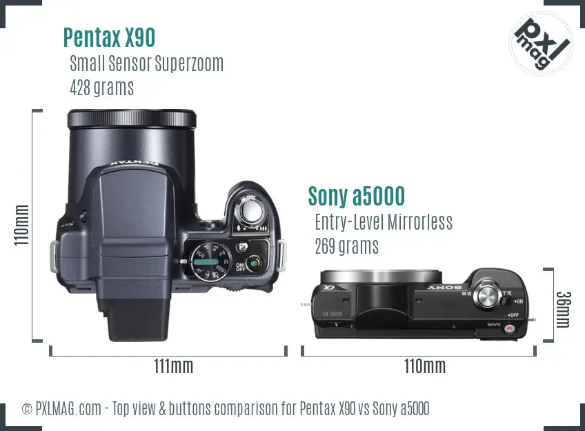 Pentax X90 vs Sony a5000 top view buttons comparison