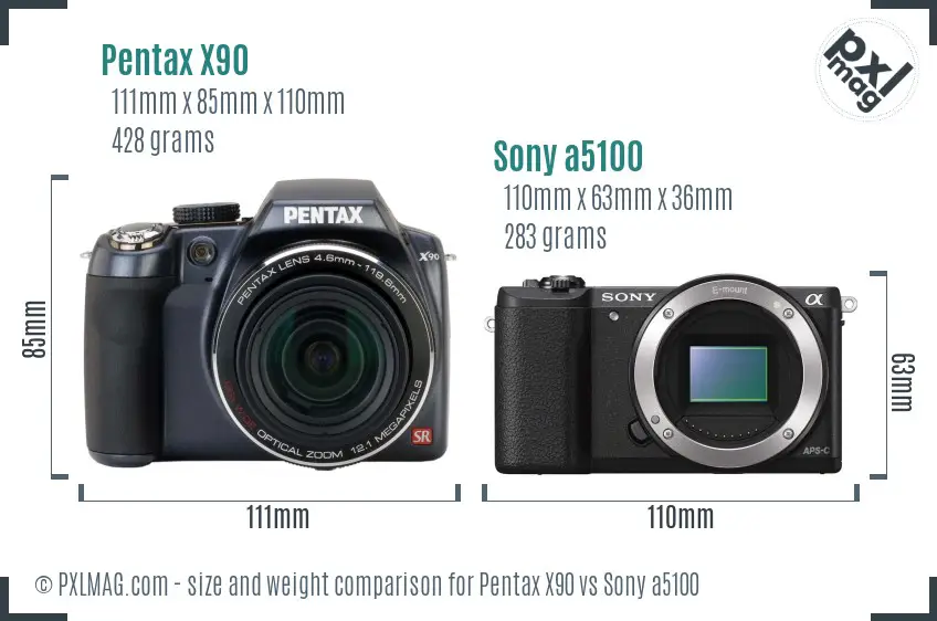 Pentax X90 vs Sony a5100 size comparison