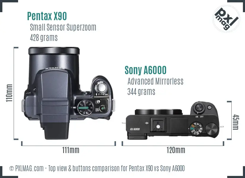 Pentax X90 vs Sony A6000 top view buttons comparison