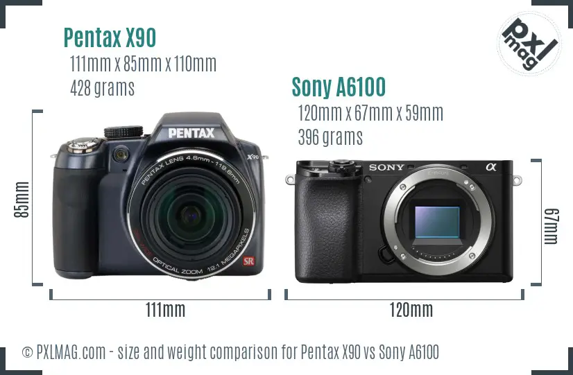 Pentax X90 vs Sony A6100 size comparison