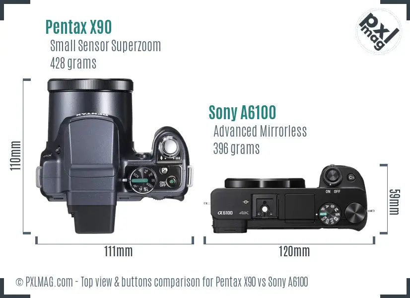 Pentax X90 vs Sony A6100 top view buttons comparison