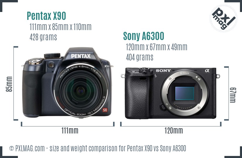 Pentax X90 vs Sony A6300 size comparison