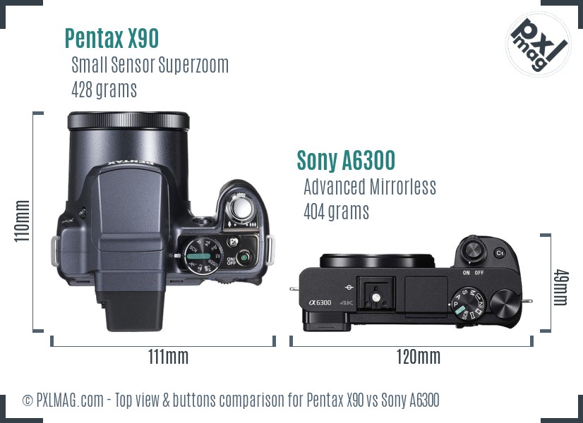 Pentax X90 vs Sony A6300 top view buttons comparison