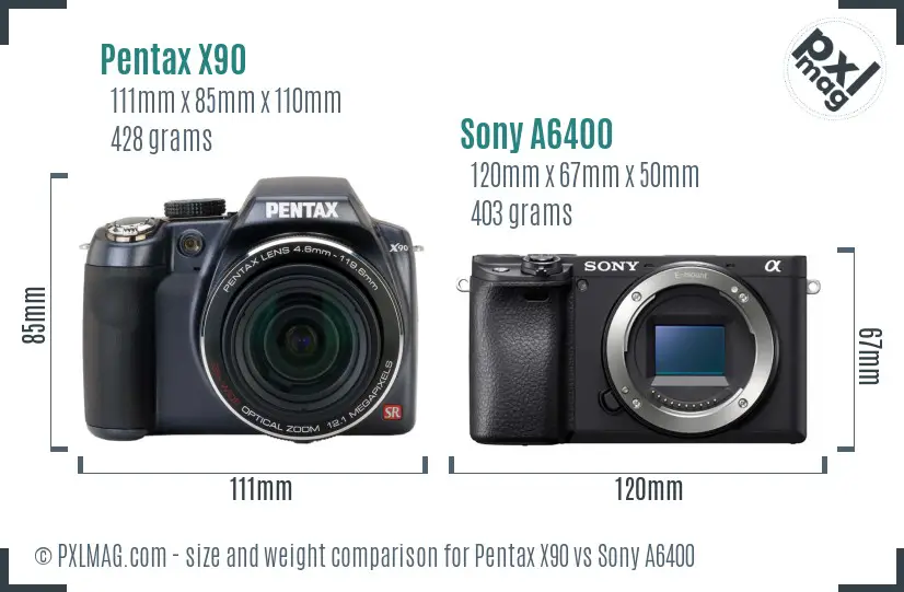 Pentax X90 vs Sony A6400 size comparison