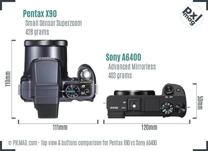 Pentax X90 vs Sony A6400 top view buttons comparison