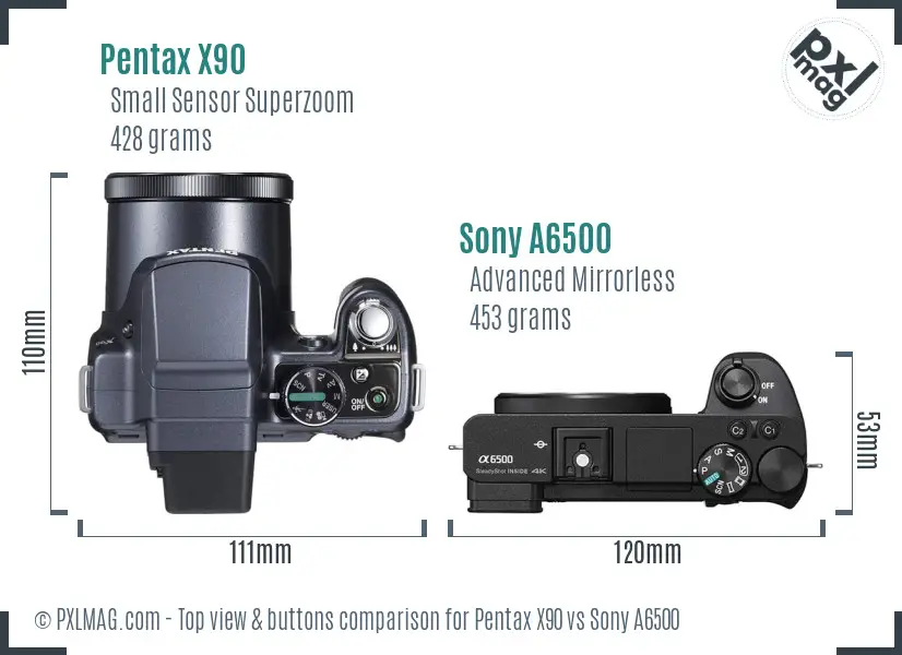 Pentax X90 vs Sony A6500 top view buttons comparison Pentax X90 vs Sony A6500 top view buttons comparison