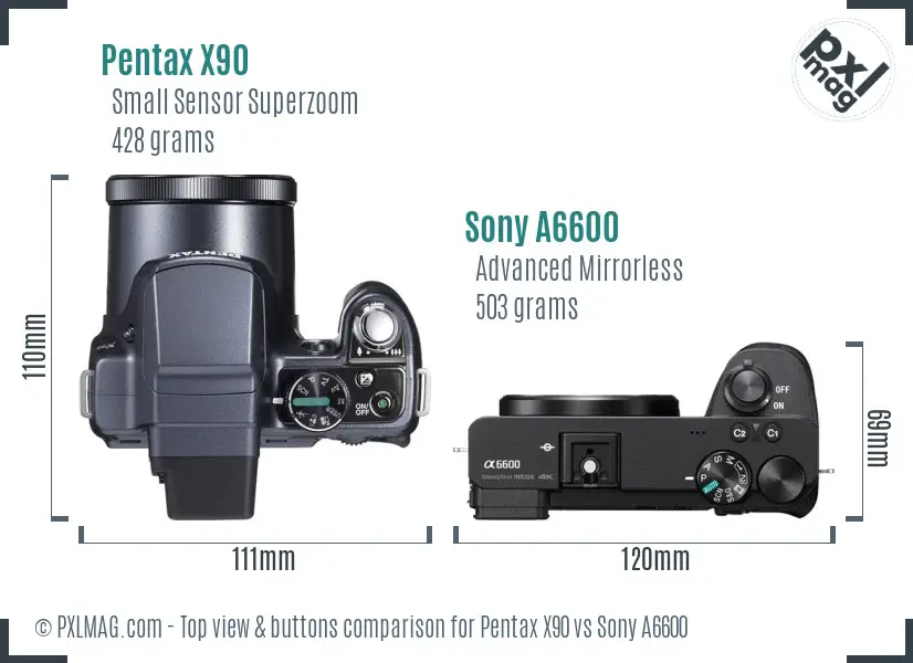 Pentax X90 vs Sony A6600 top view buttons comparison