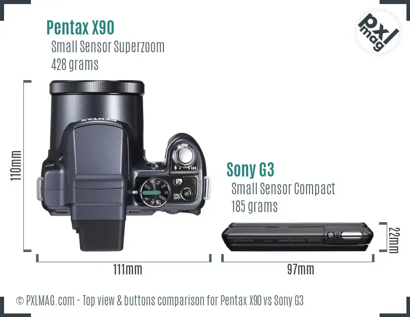 Pentax X90 vs Sony G3 top view buttons comparison