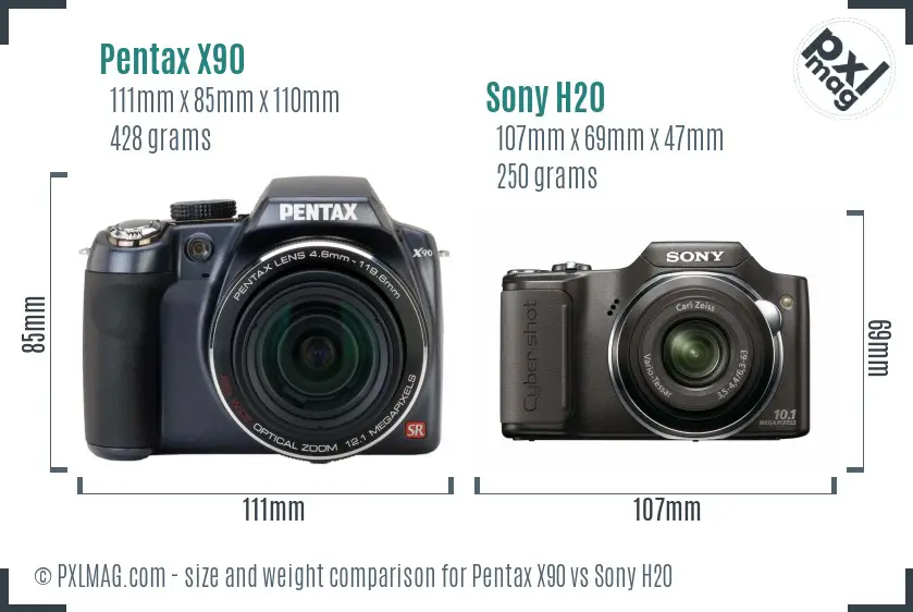 Pentax X90 vs Sony H20 size comparison
