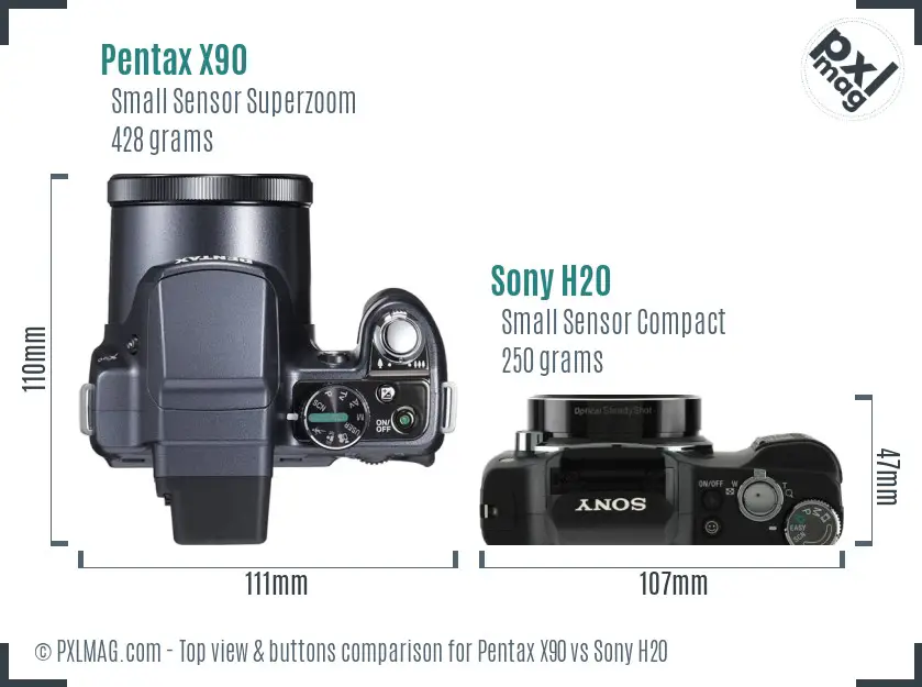 Pentax X90 vs Sony H20 top view buttons comparison