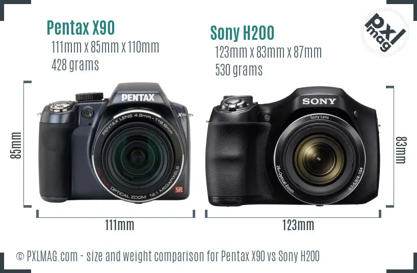 Pentax X90 vs Sony H200 size comparison