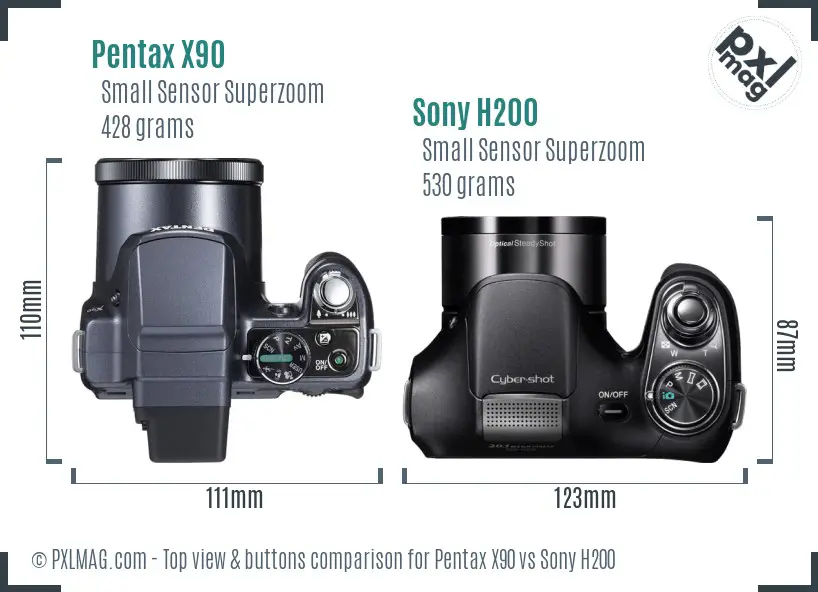 Pentax X90 vs Sony H200 top view buttons comparison