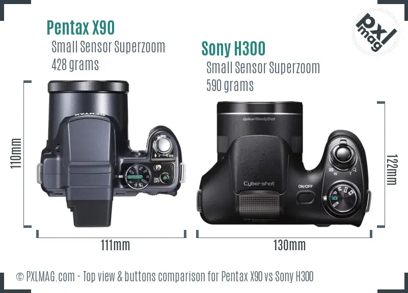 Pentax X90 vs Sony H300 top view buttons comparison