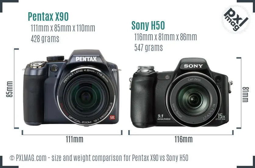 Pentax X90 vs Sony H50 size comparison