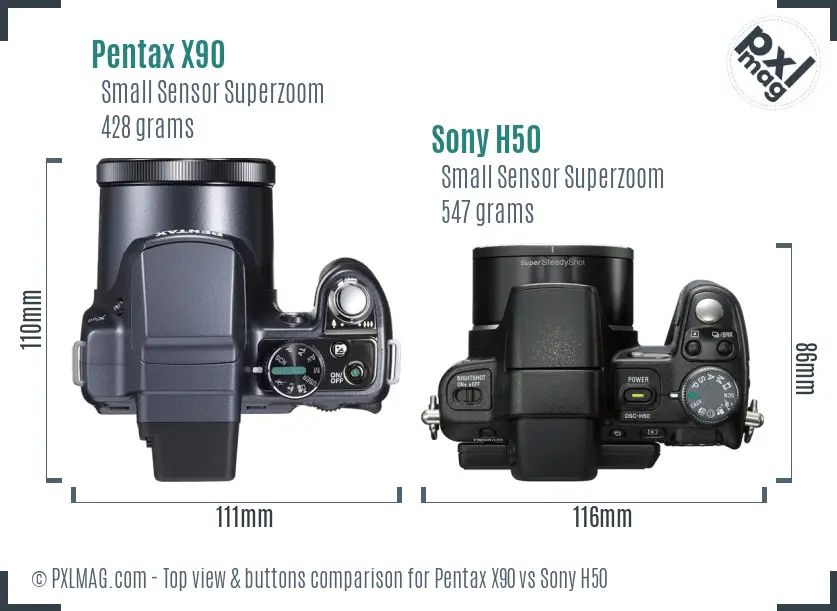 Pentax X90 vs Sony H50 top view buttons comparison