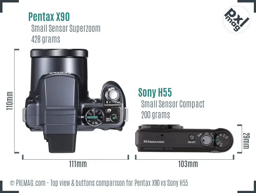 Pentax X90 vs Sony H55 top view buttons comparison Pentax X90 vs Sony H55 top view buttons comparison
