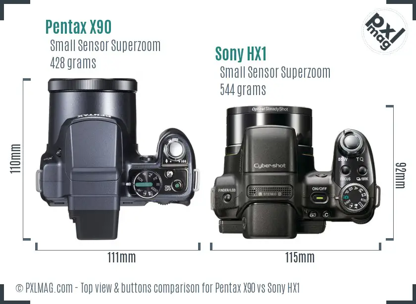 Pentax X90 vs Sony HX1 top view buttons comparison