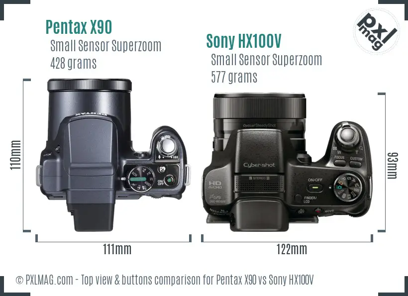 Pentax X90 vs Sony HX100V top view buttons comparison Pentax X90 vs Sony HX100V top view buttons comparison