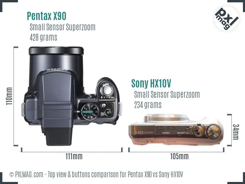 Pentax X90 vs Sony HX10V top view buttons comparison