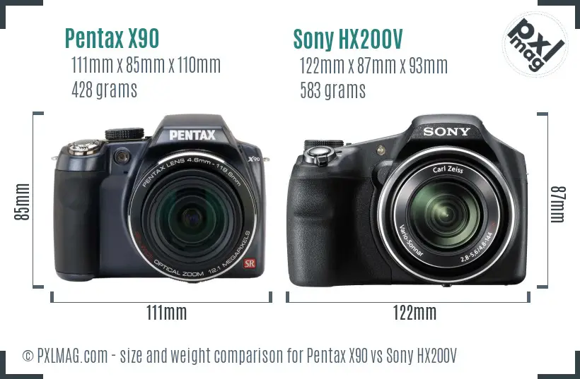 Pentax X90 vs Sony HX200V size comparison
