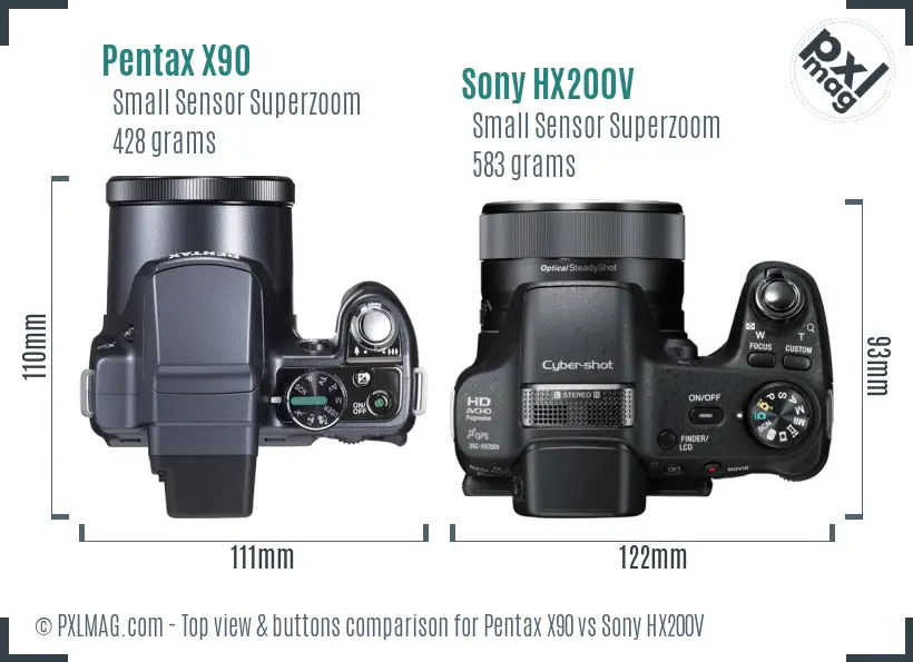 Pentax X90 vs Sony HX200V top view buttons comparison