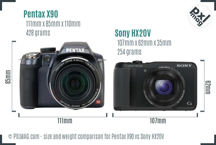 Pentax X90 vs Sony HX20V size comparison Pentax X90 vs Sony HX20V size comparison