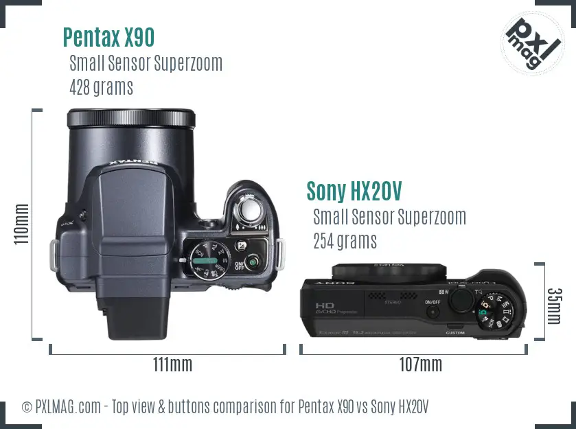 Pentax X90 vs Sony HX20V top view buttons comparison Pentax X90 vs Sony HX20V top view buttons comparison