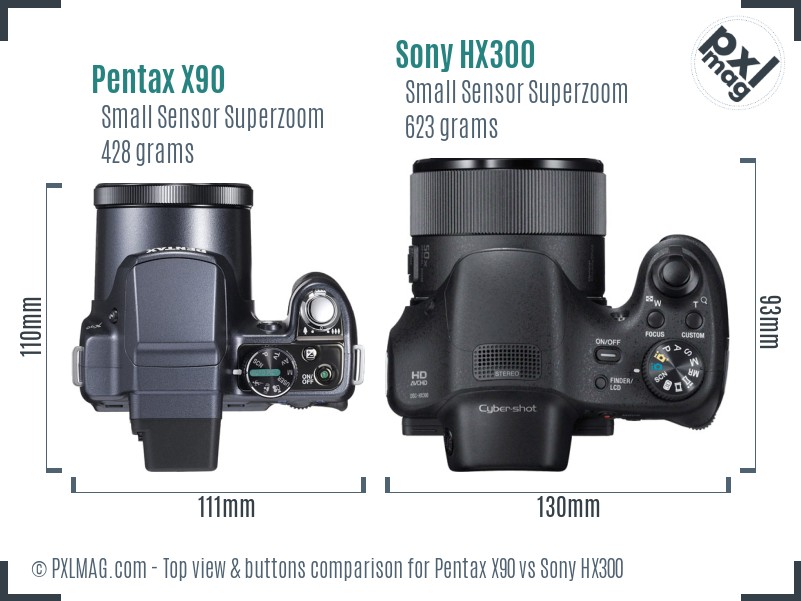 Pentax X90 vs Sony HX300 top view buttons comparison