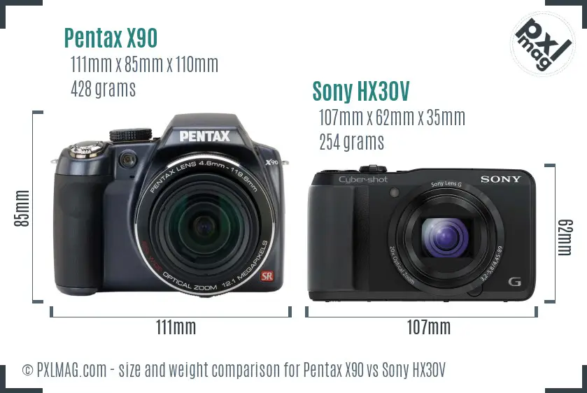 Pentax X90 vs Sony HX30V size comparison
