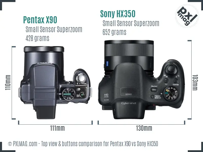 Pentax X90 vs Sony HX350 top view buttons comparison