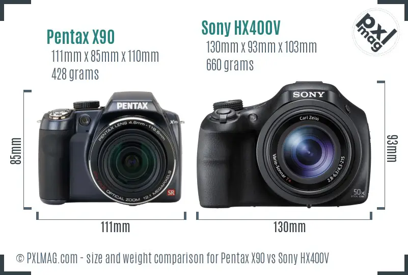 Pentax X90 vs Sony HX400V size comparison