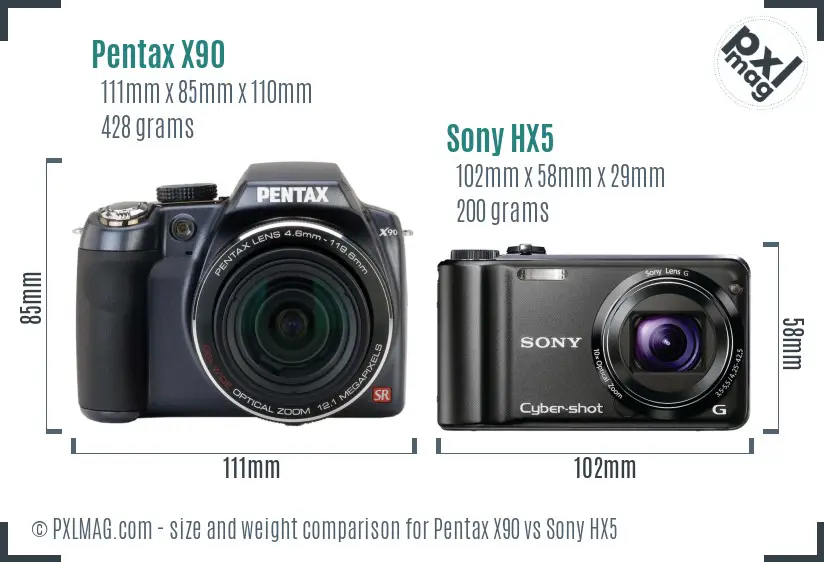 Pentax X90 vs Sony HX5 size comparison