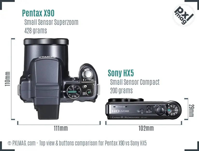 Pentax X90 vs Sony HX5 top view buttons comparison